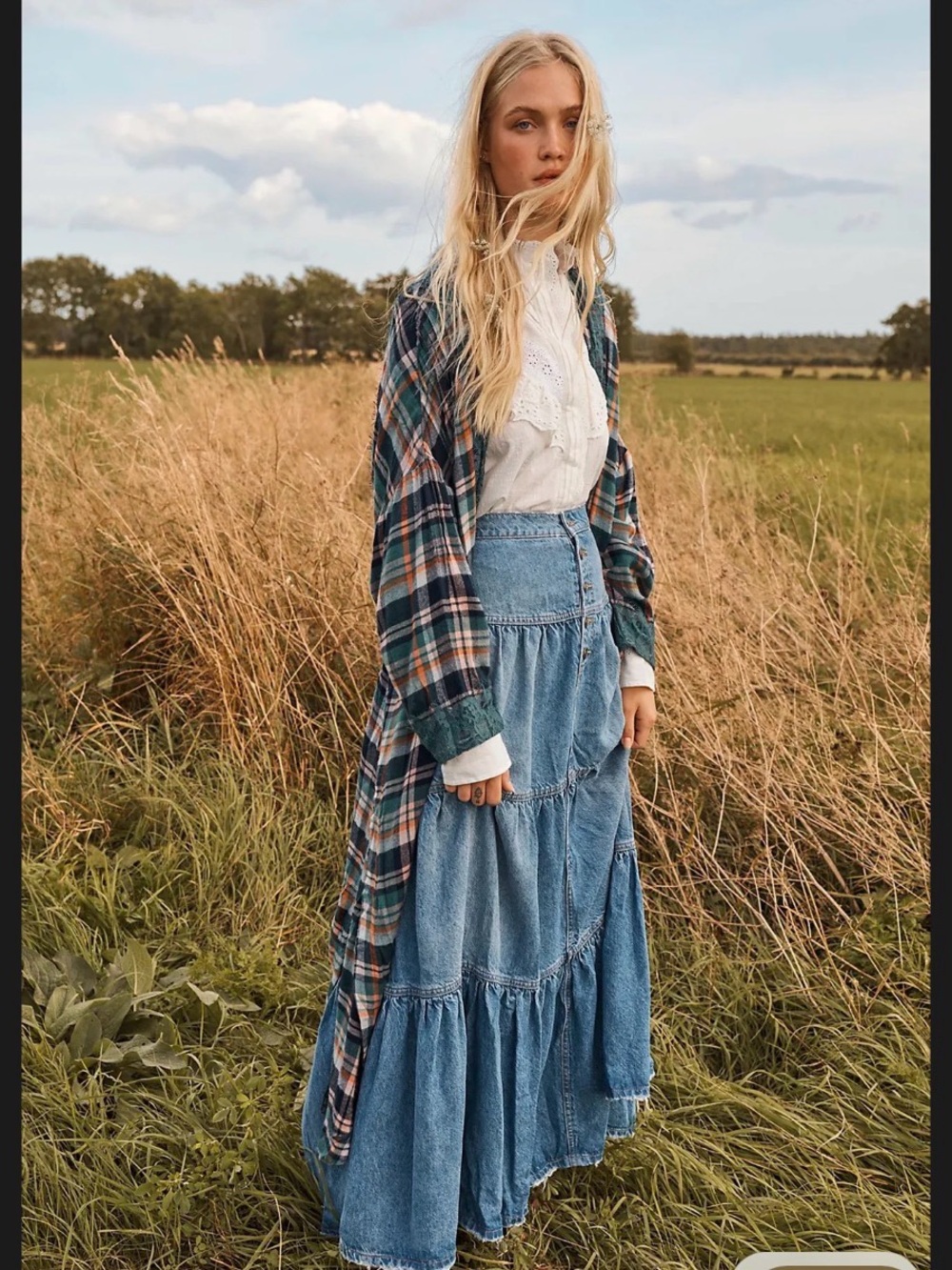 Free People Blue Tiered Denim Maxi Skirt with Washed Finish